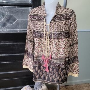Boheme Bahiya Printed Blouse In  Vintage Brown Pink Tassle Ties Woman Size O/S
